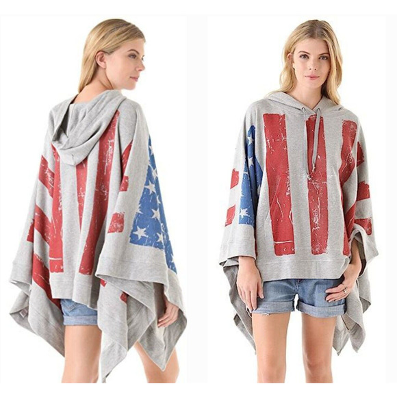 HAUTE HIPPIE cool collectible travel usa flag free people hooded poncho cape o/s - Picture 4 of 12